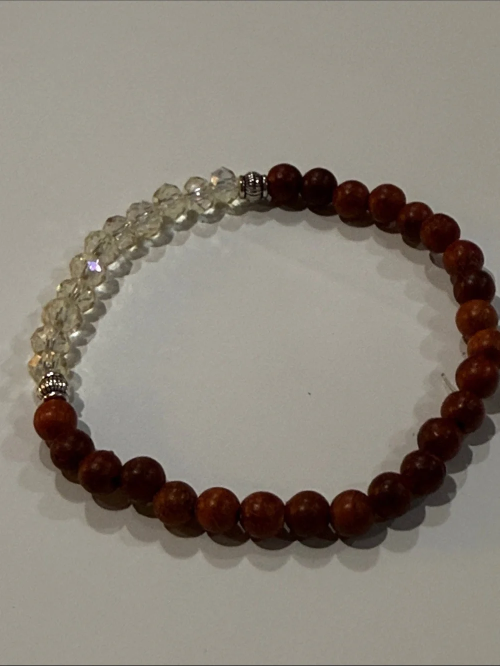 Wood Beaded Stretch Bracelet with Faceted Pale Yellow Crystal Accents Size 8